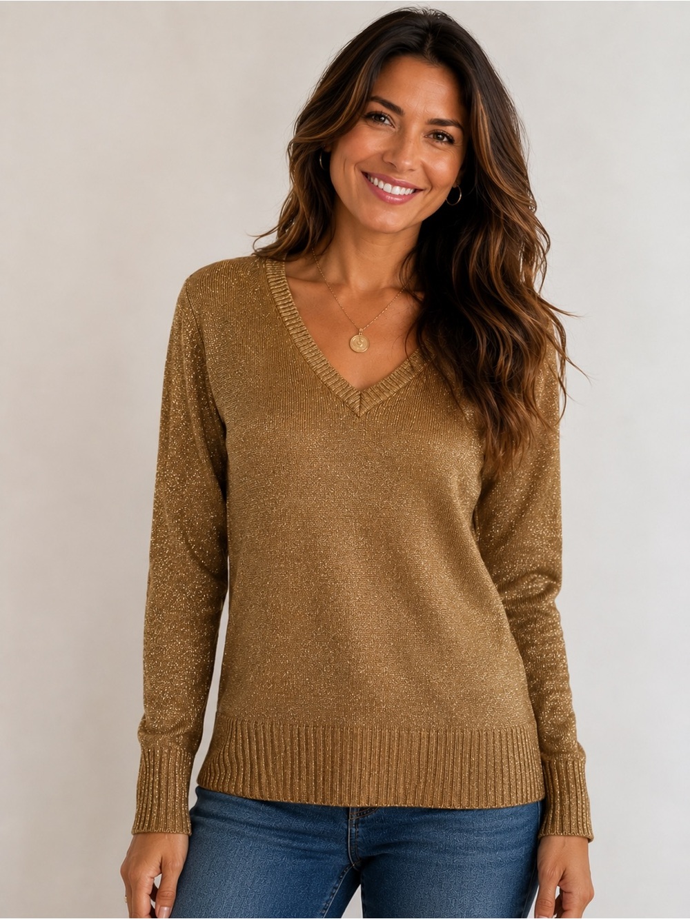 Cable & Gauge Gold Shimmer V-Neck Sweater | Metallic Knit | Size Medium